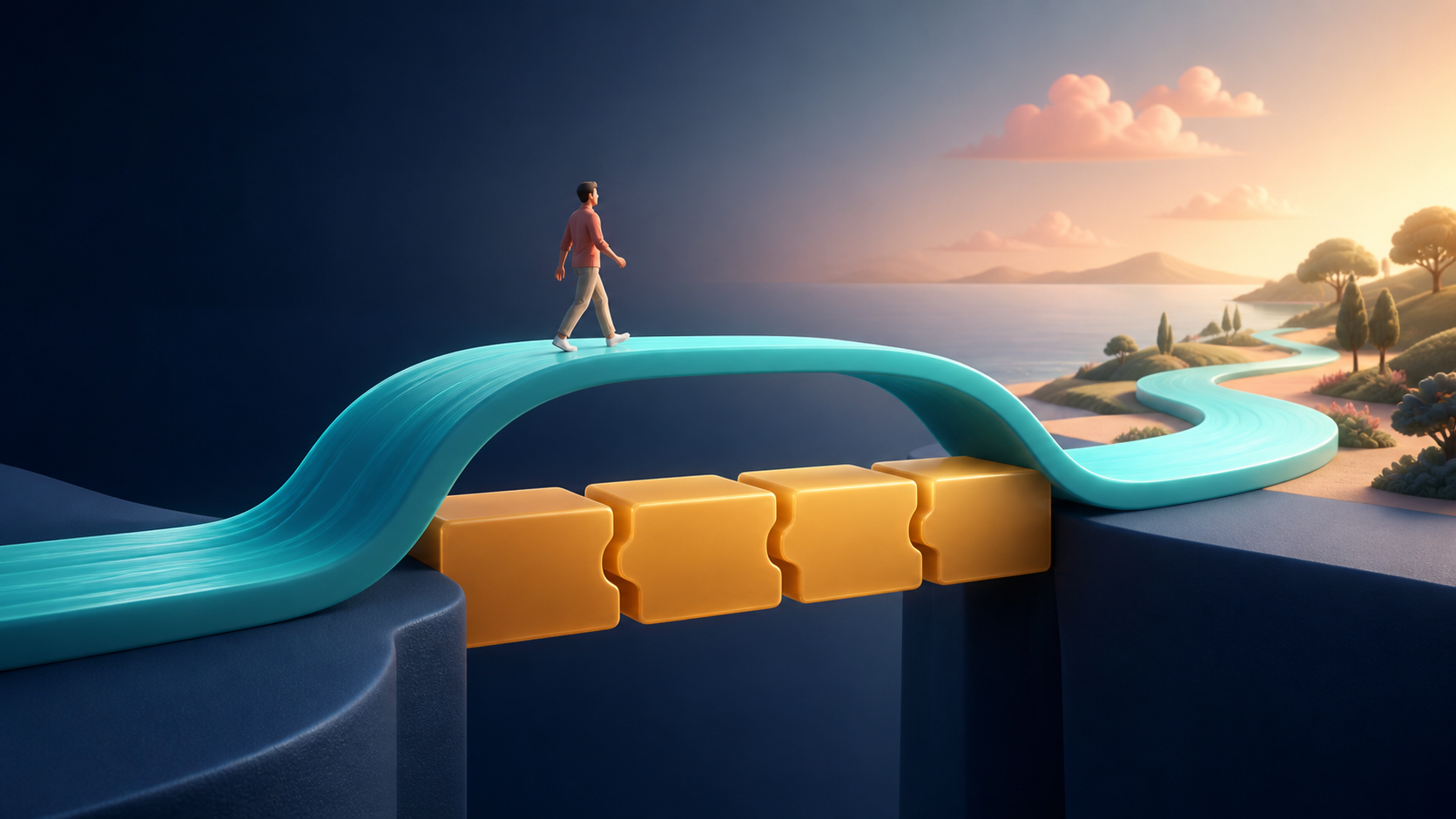 Vakantiebuffer voor een freelancer als amberkleurige brugdelen onder een turquoise kasstroom naar een rustige kust